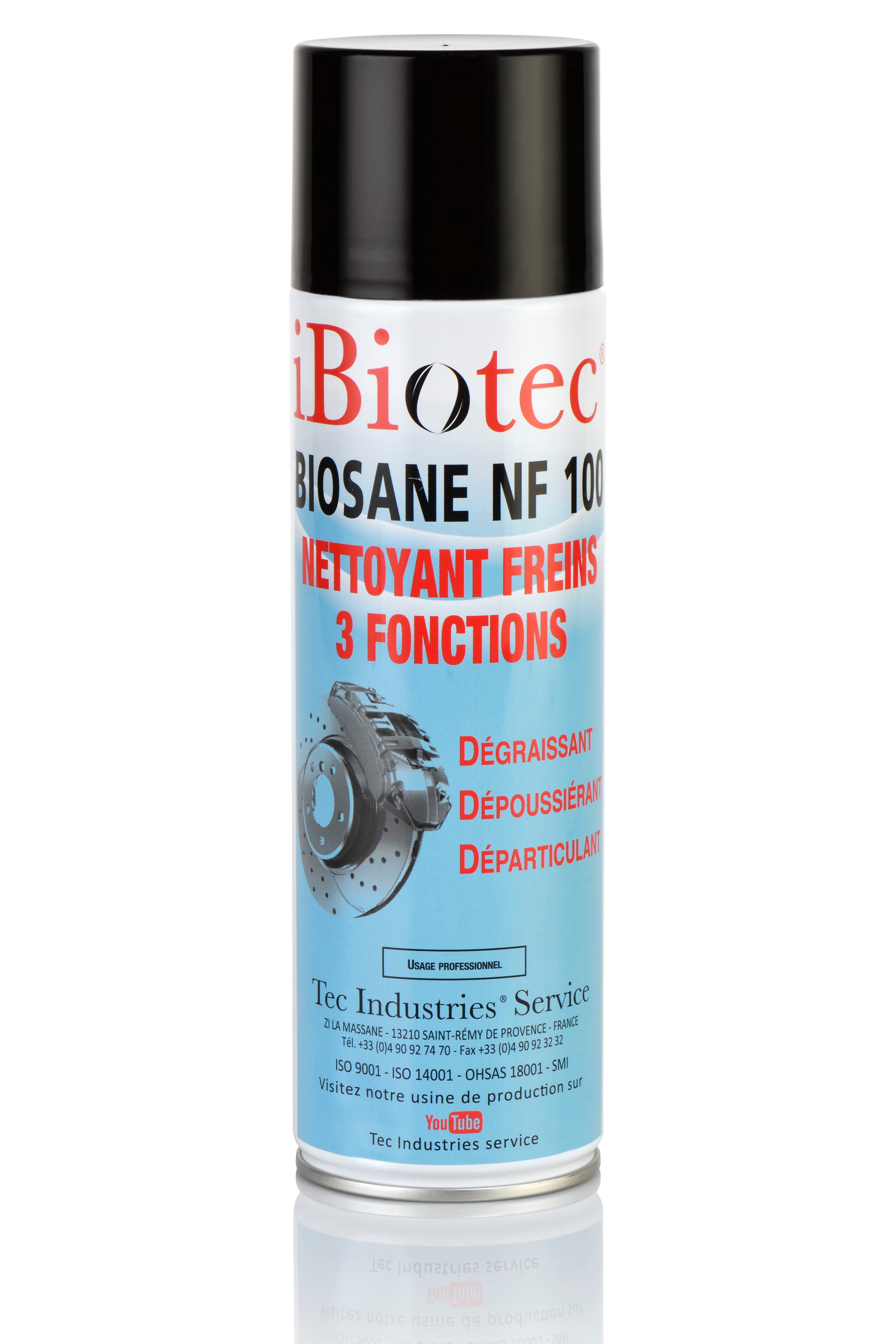 IBIOTEC BIOSANE NF 100 aerosol 650 ML high efficiency brake dust-removing cleaner. Ultra-fast evaporation speed. Guaranteed absence of neurotoxic N. hexane, no acetone, no chlorinated solvents, no aromatics. Prevents premature wear of pads and discs. Brake cleaning spray. Brake cleaning aerosol. Inexpensive brake cleaner. Ibiotec brake cleaner.